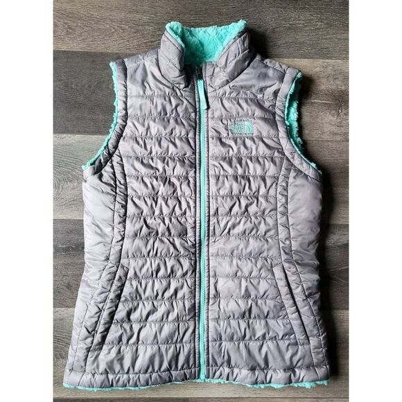 The North Face Girls 550 Goose Down Puffer Vest Size Large Gray‎ Teal Reversible - Picture 1 of 8